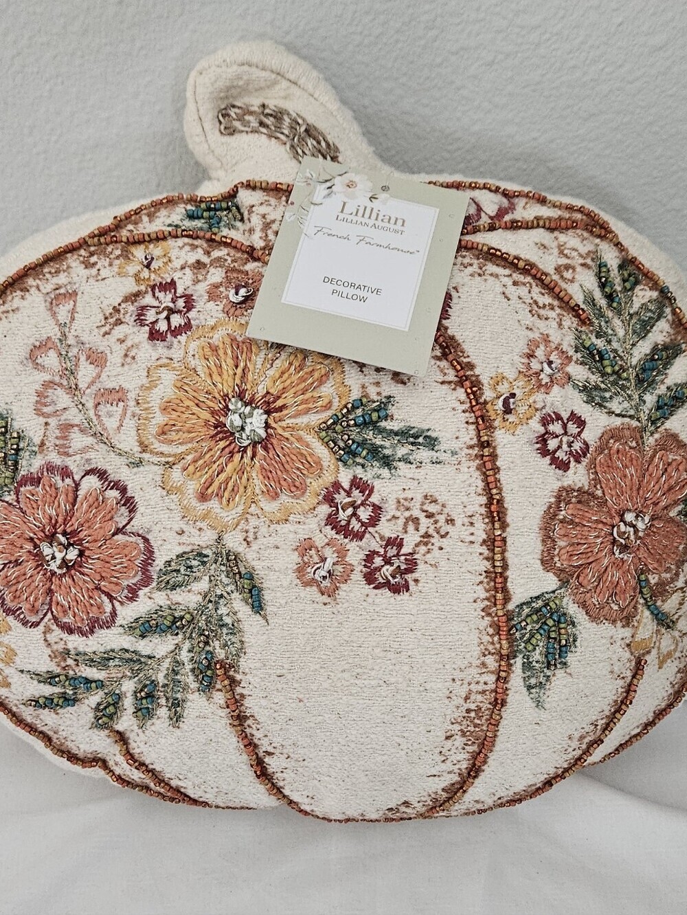 Lillian August French Farmhouse Floral Pumpkin Pillow Fall Decor. - Picture 2 of 4